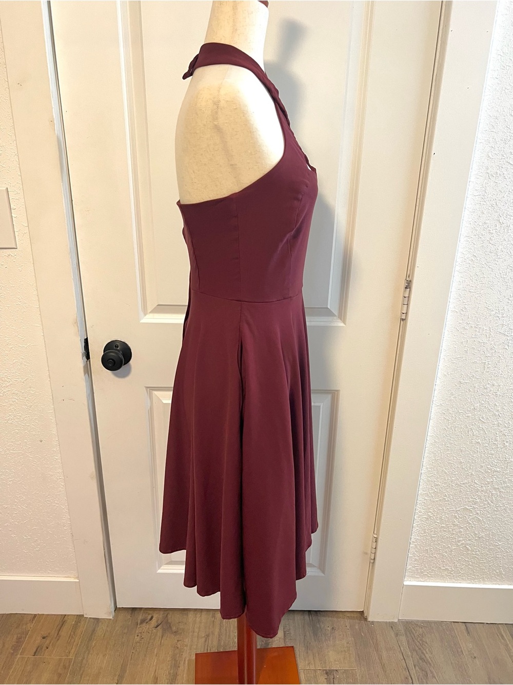 Unique Vintage Burgundy Criss Cross Halter Rita Flare Dress - Picture 5 of 9